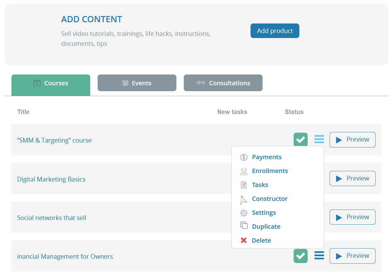 Dashboard-lesson - course list with menu - short